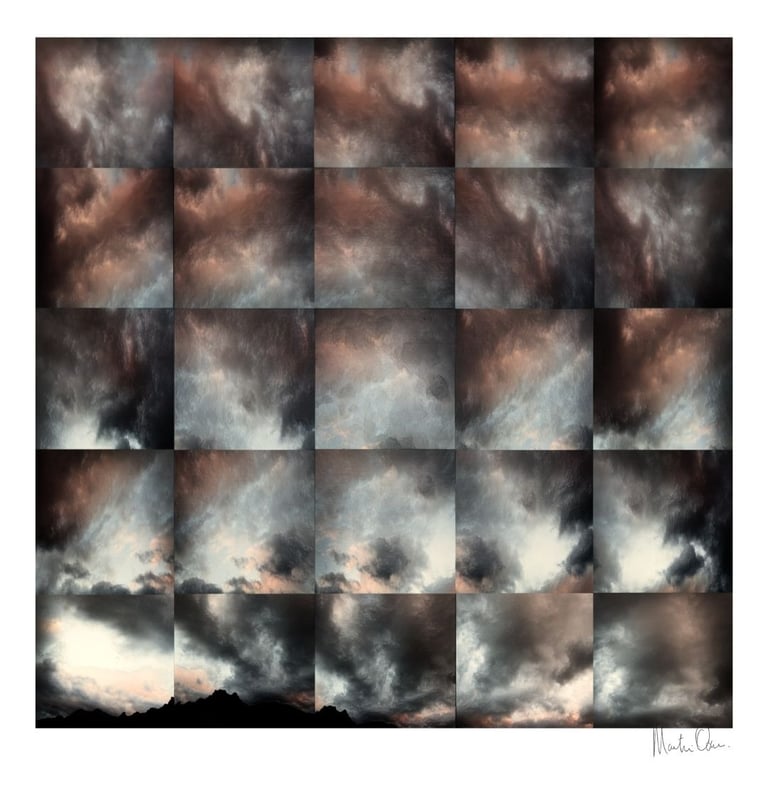 Abstract photographic collage of dramatic sky formations with layered clouds creating depth and atmospheric intensity