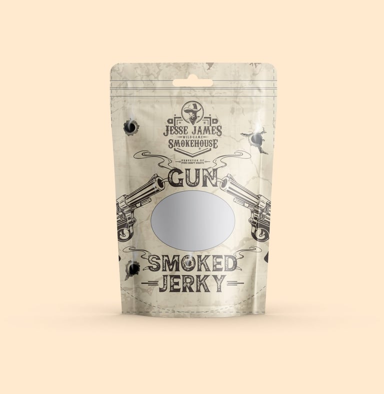 Western-inspired packaging design for Jesse James Smokehouse, evoking bold flavors and rugged tradit