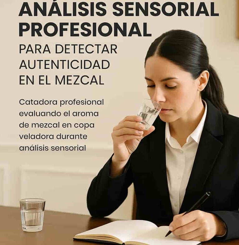  Catadora profesional evaluando el aroma de mezcal en copa veladora durante análisis sensorial