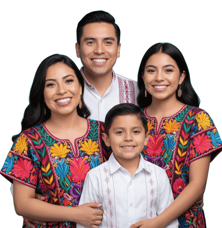 Una familia hispana sonriente vistiendo bordados florales tradicionales mexicanos y guayaberas