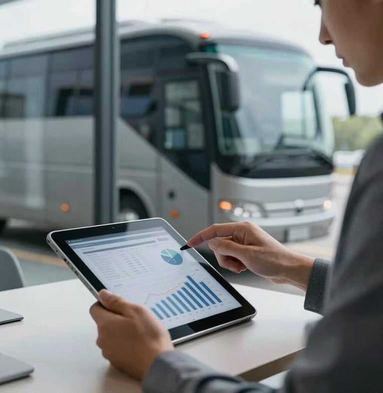 A professional person in a Western European office setting using a digital tablet to review financial data, with a modern touring bus visible through the window in the background, steel gray and dark blue color scheme, soft daylight.