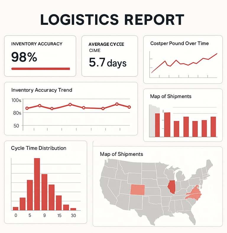 Infographic titled ‘How to Build a Logistics Report’ featuring a central dashboard mockup