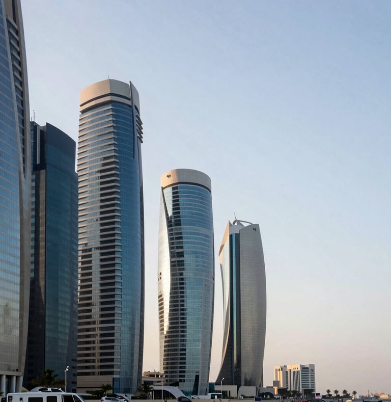 Wide-angle architectural shot of West Bay Doha skyscrapers reflecting cool morning daylight, clean lines, minimalist corporate aesthetic, negative space on the right.