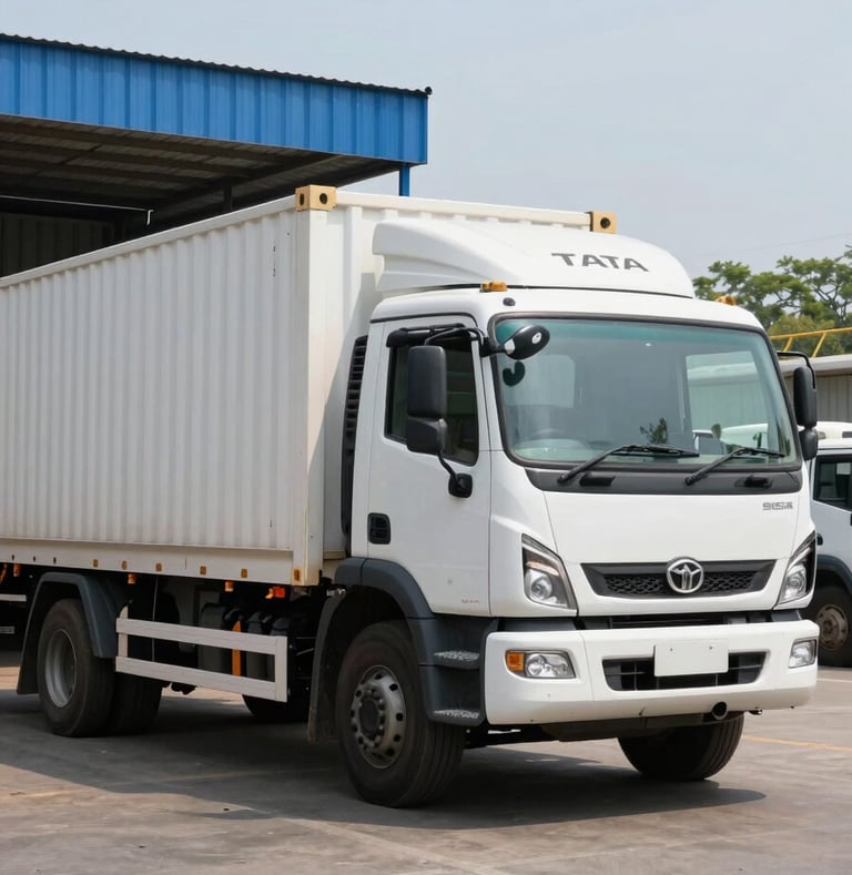 A real, modern Tata Signa container truck parked at a clean loading bay in Maharashtra, bright natural daylight, sharp profile view, no AI elements.