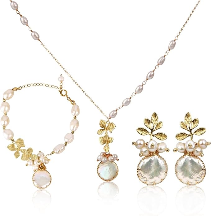 Baroque Pearl Earrings Bracelet Necklace Set For Women Dangle Handmade Floral Jewelry