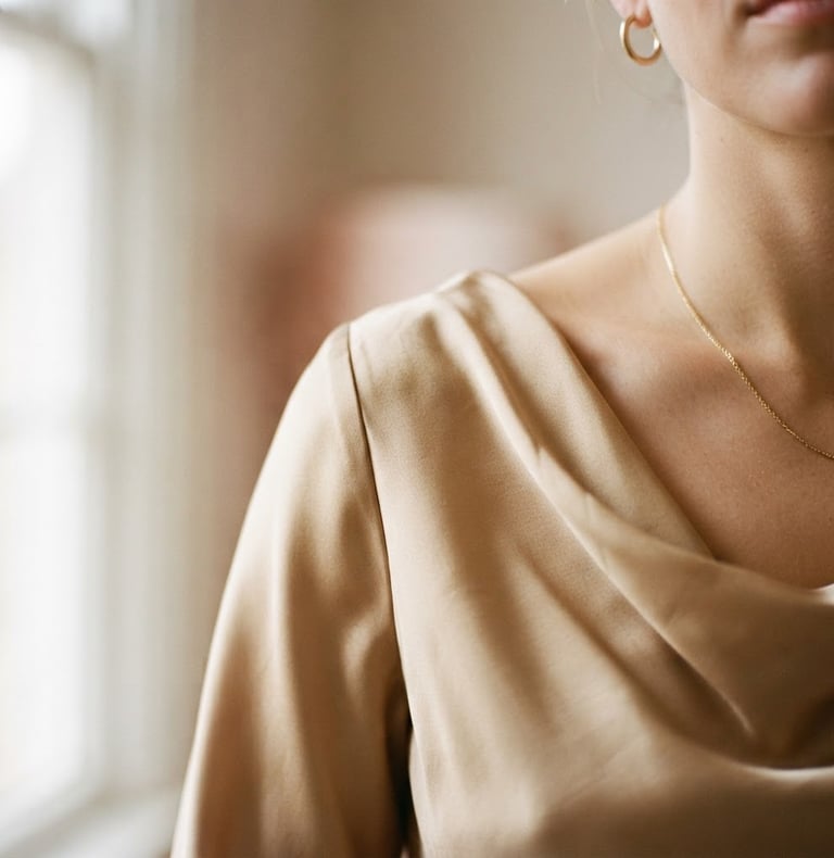 Close-up of a luxurious silk dress drape in warm champagne color, soft window light casting gentle shadows, elegant minimalist jewelry visible on skin, 35mm photography