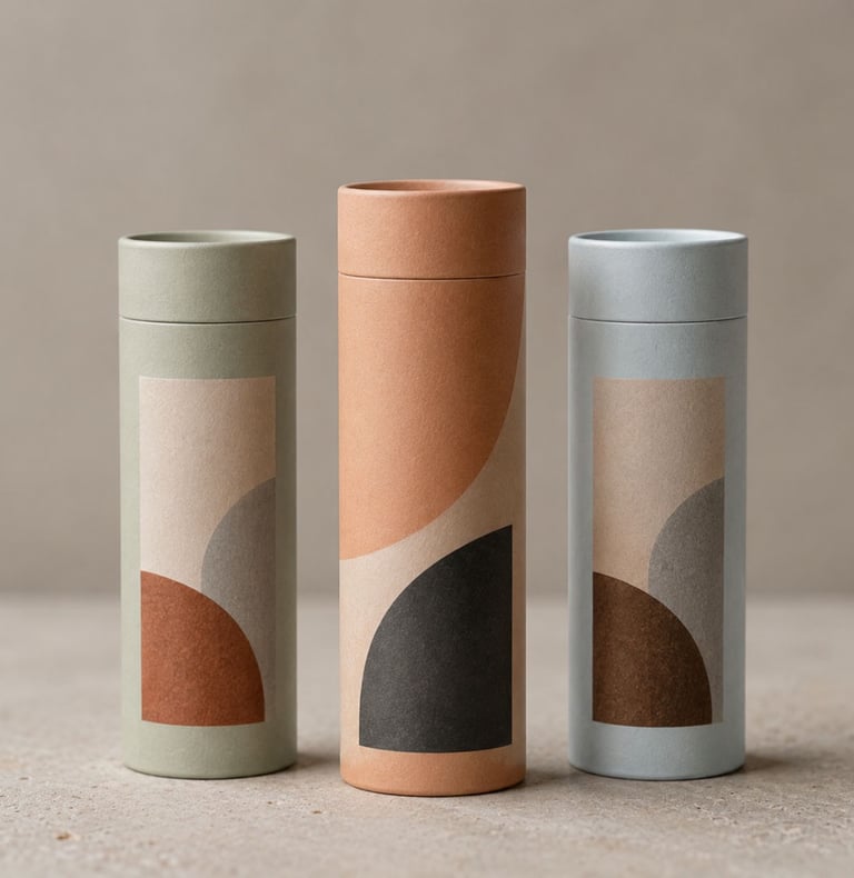Sustainable cardboard scatter tubes for ashes with artistic designs in earthy colours