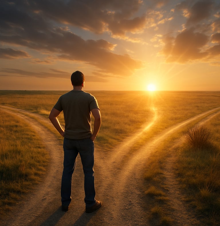 Fork in the road with a path illuminated grow my soul