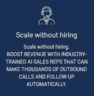 Icon of an agent with text about using AI sales reps for outbound calls and revenue scaling.