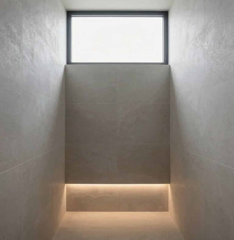 Straight-on architectural photography of a minimalist bathroom wet room, monolithic light gray stone tiles, concealed warm LED glow, soft natural light from a high window