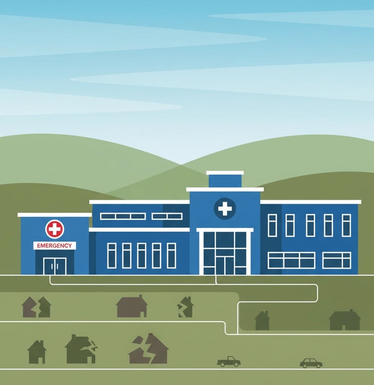 Rural hospital exterior with emergency entrance, representing healthcare access challenges in rural 