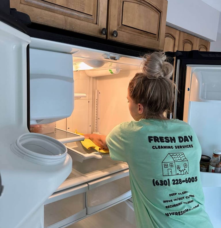 a cleaner in a uniform shirt is clean the refrigerator