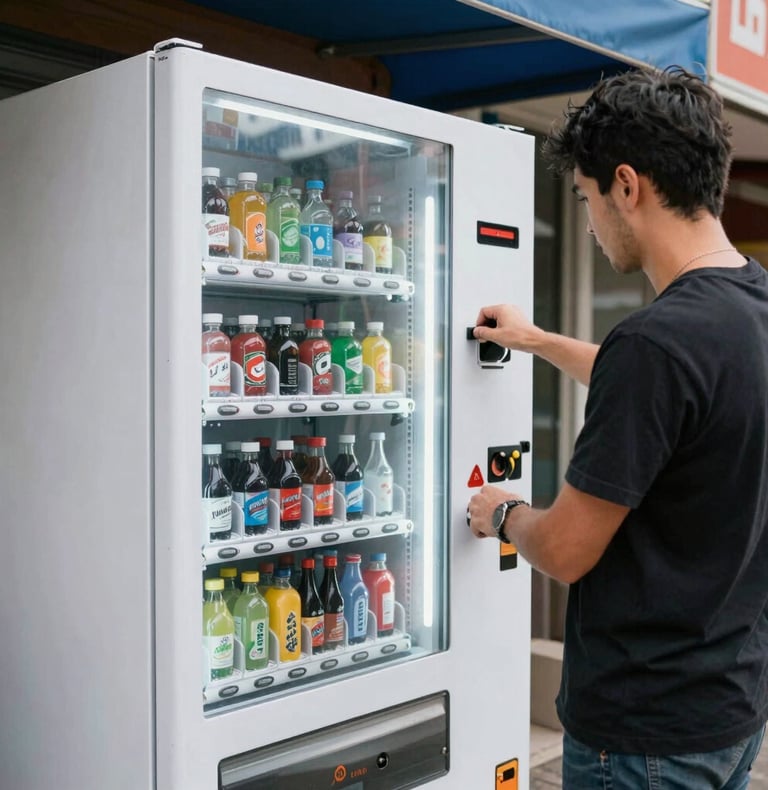 A technician carefully installing a sleek vending machine in a modern office break room.