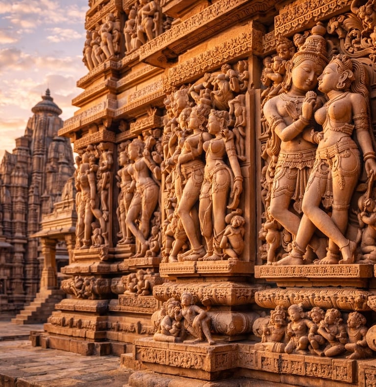 Khajuraho UNESCO heritage site - stone sculptured walls