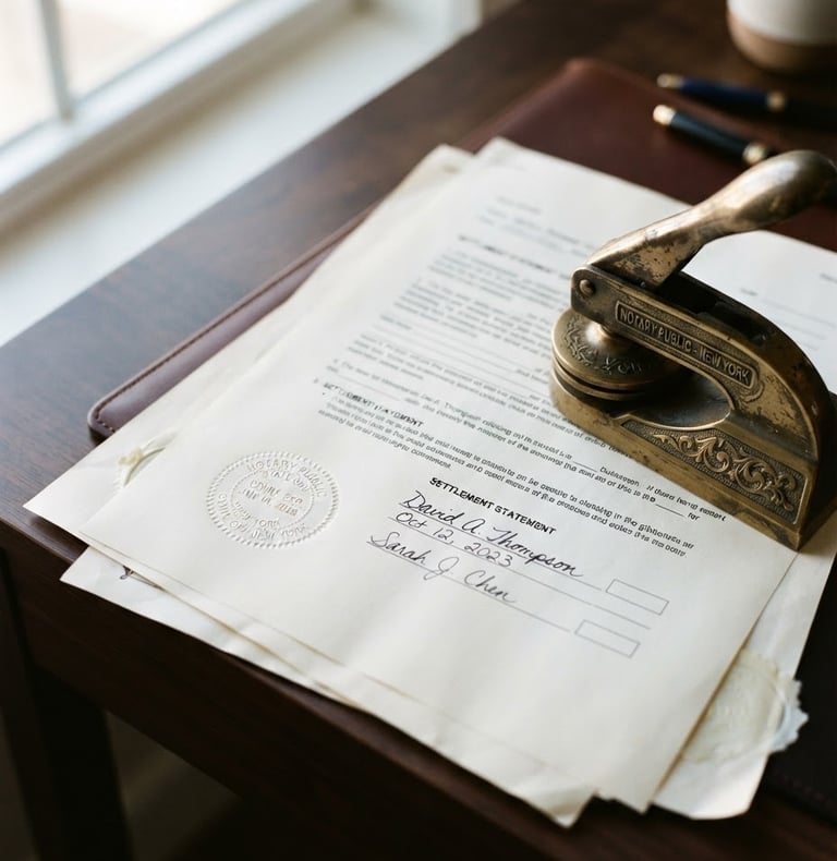 Close-up detail of signed technical legal documents and a brass notary stamp on a dark wooden desk, soft natural window light, sharp focus, 35mm