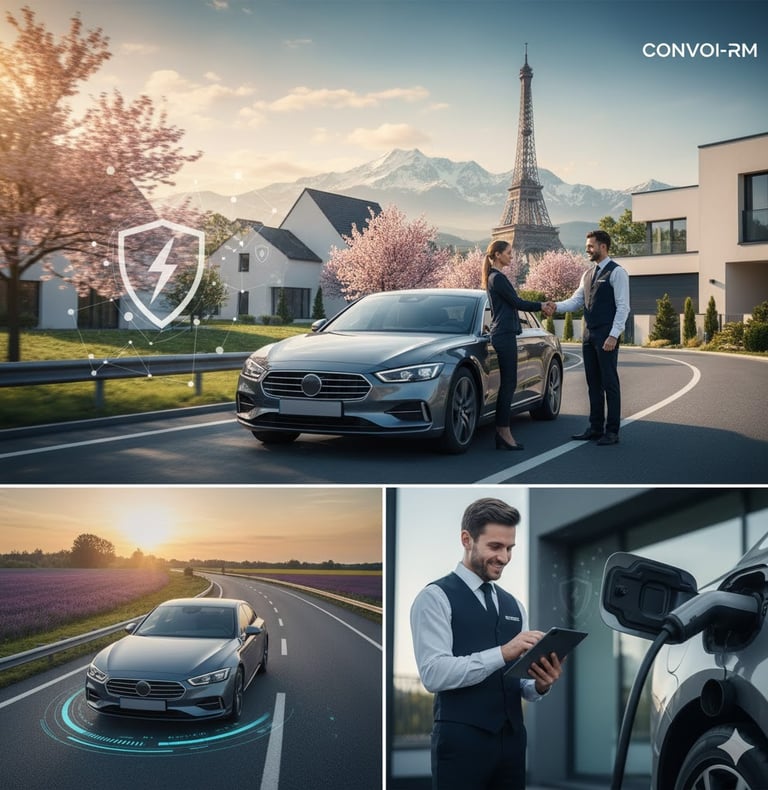 Bannière de service de convoyage de voiture premium sur les routes de France.