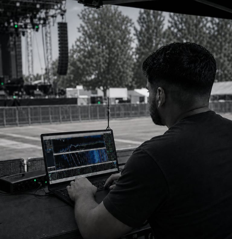 Audio engineer using sound analysis software on a laptop at an outdoor concert venue.
