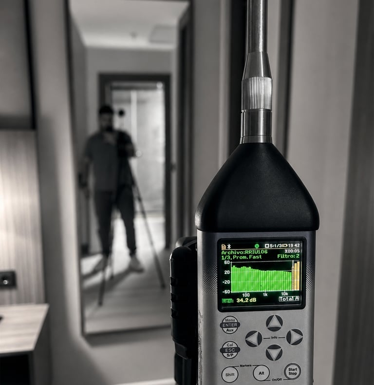A Svantek 977 sound level meter performing an acoustic insulation test in a modern room.