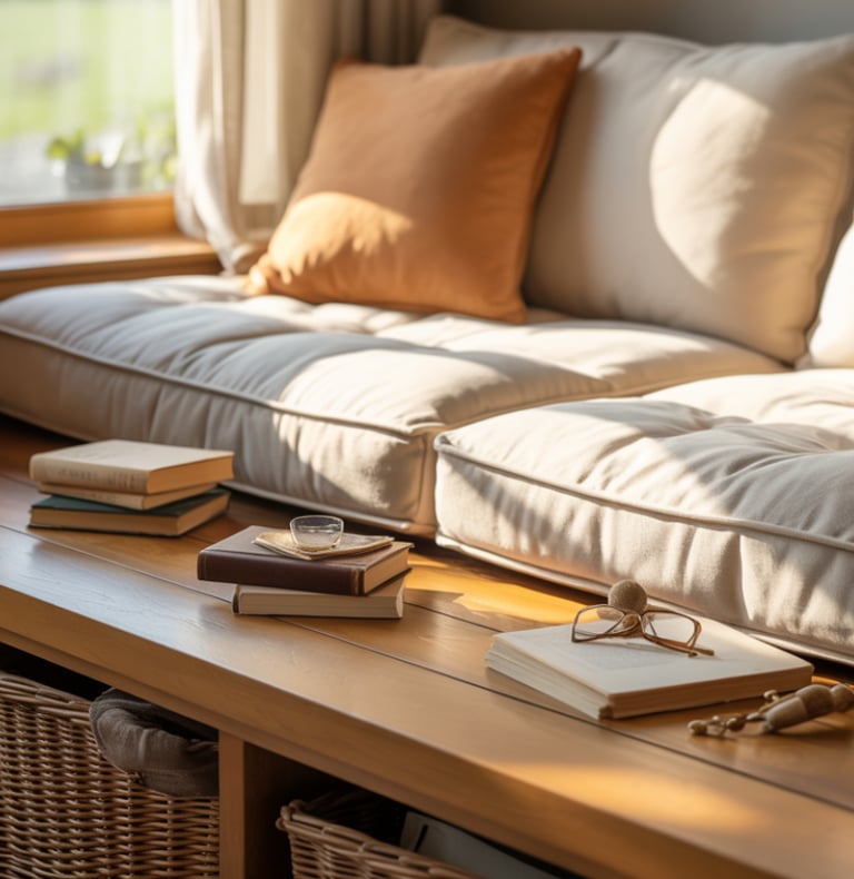 A cozy bench nook with baskets placed nearby holding reading accessories.