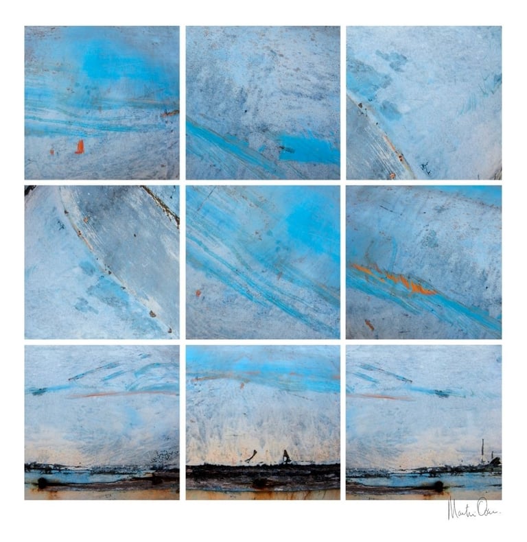 Abstract photographic collage featuring layered blue textures with subtle tonal shifts creating a calm, atmospheric look.