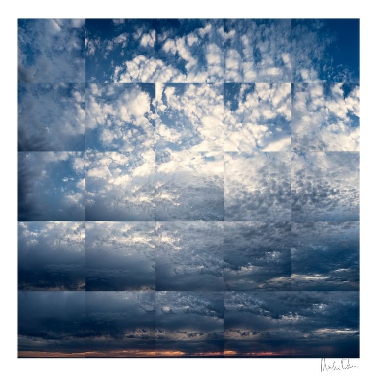 Abstract photographic collage featuring layered blue sky and cloud textures forming a soft and expansive composition