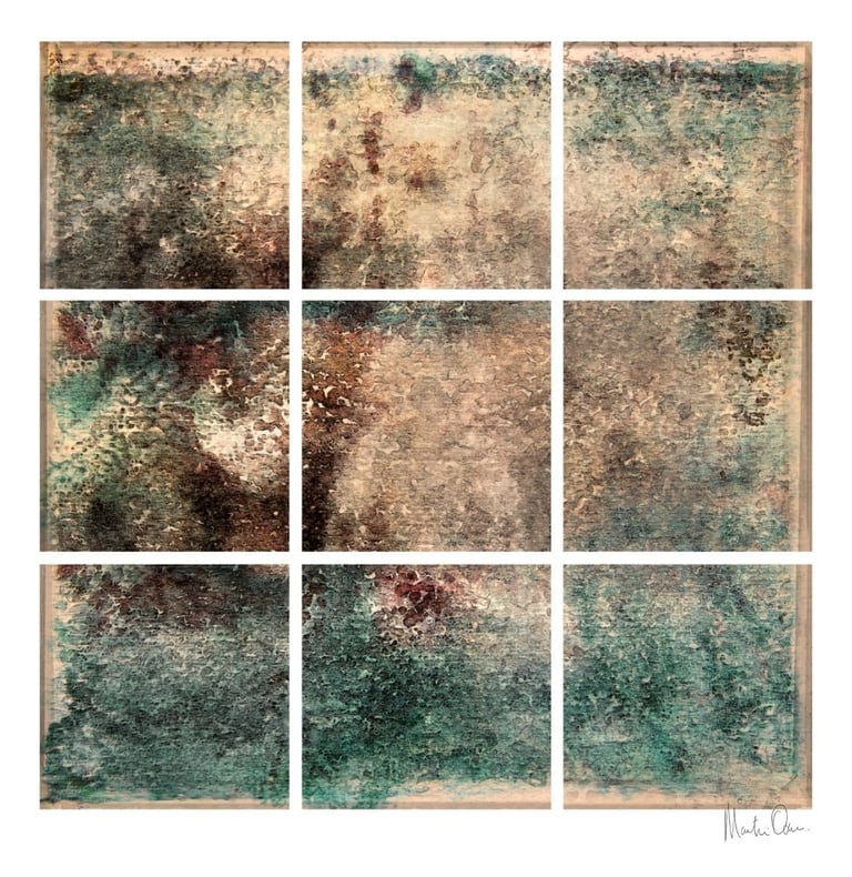 bstract photographic collage with earthy tones and organic textures blending into a soft, weathered surface composition