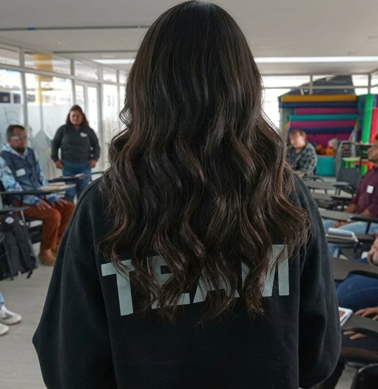 Una mujer que lleva una sudadera con capucha de TEAM dirige una sesión de formación grupal