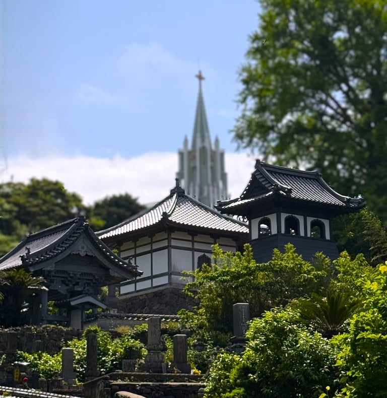 Traditional Japanese temple and church in Kyushu, reflecting the region's rich cultural heritage.