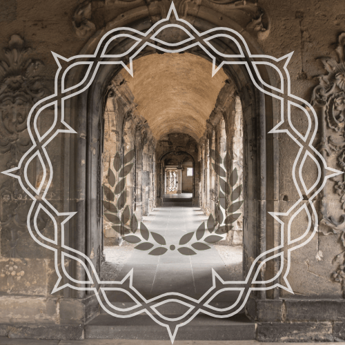 An empty stone hallway. Overlayed - a crown of thorns & a laurel wreath.