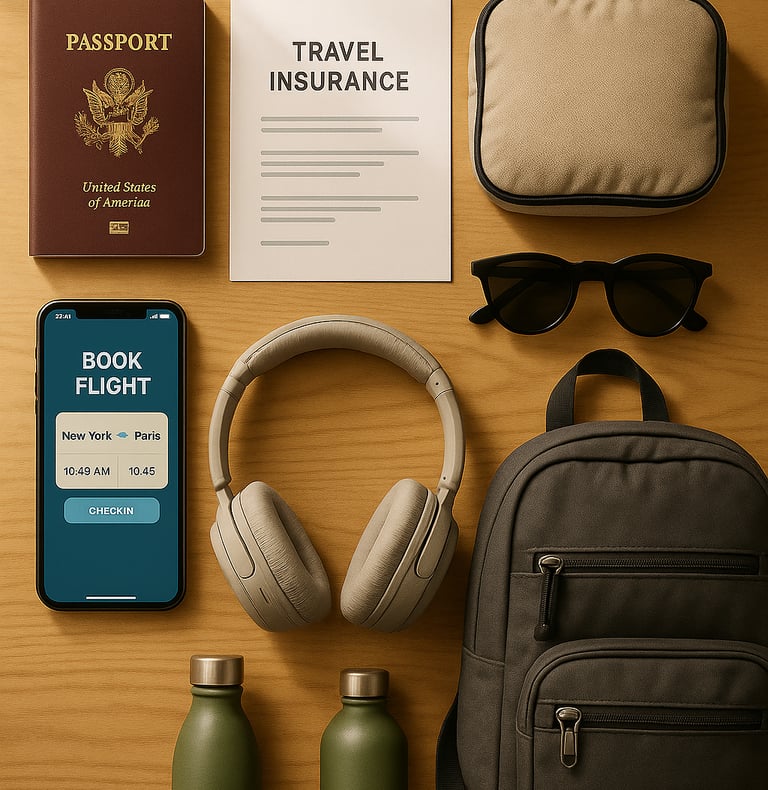 Flat lay of travel essentials including a passport, travel insurance documents, smartphone with booking app, packing cubes, b
