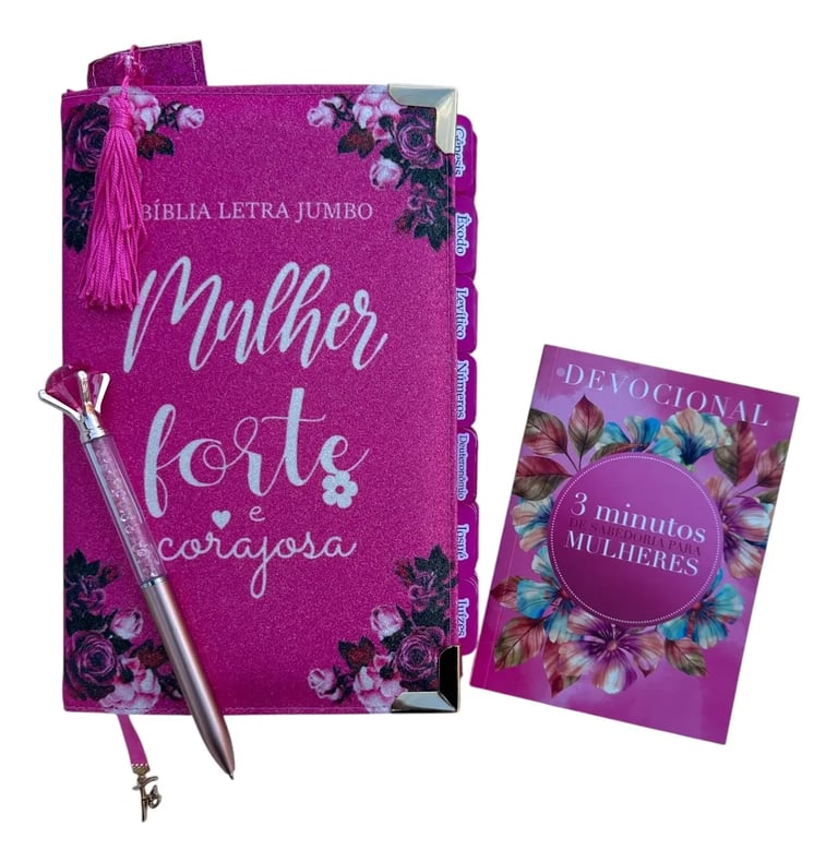 Bíblia feminina ARC mulher forte capa rosa com devocional e acessórios