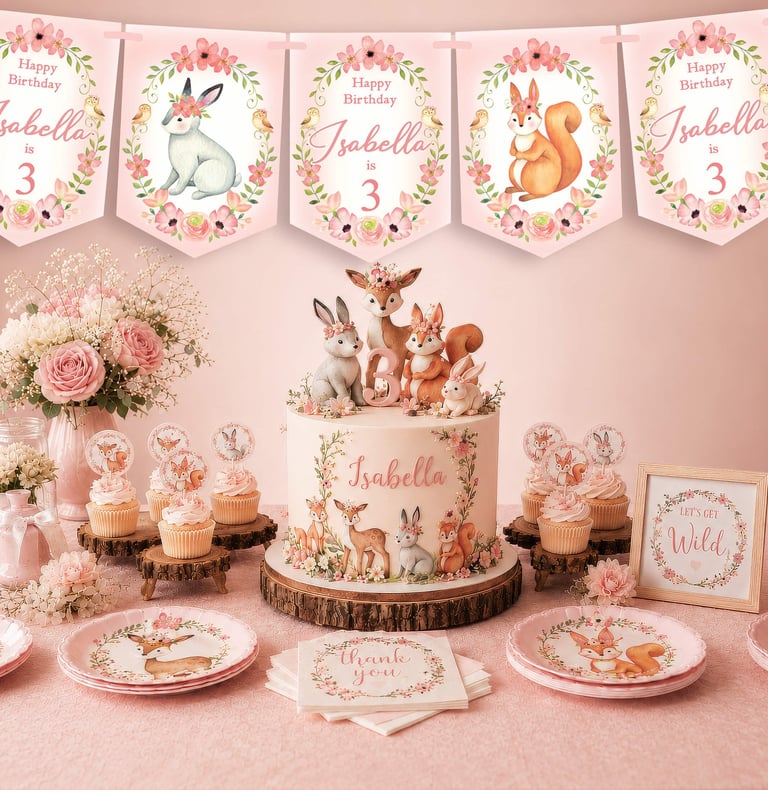 personalised forest animals birthday party banner and party table by Bunting & Beau