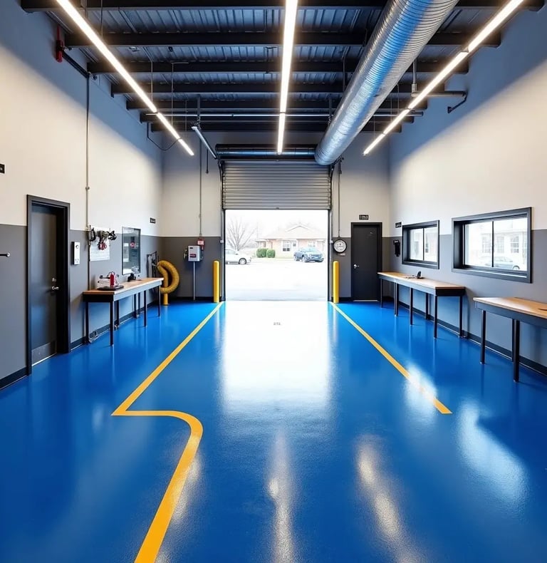 a large room with a blue floor epoxy flooring