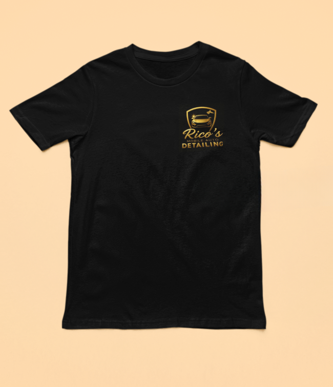 a black t - shirt with a gold foiled logo on the front