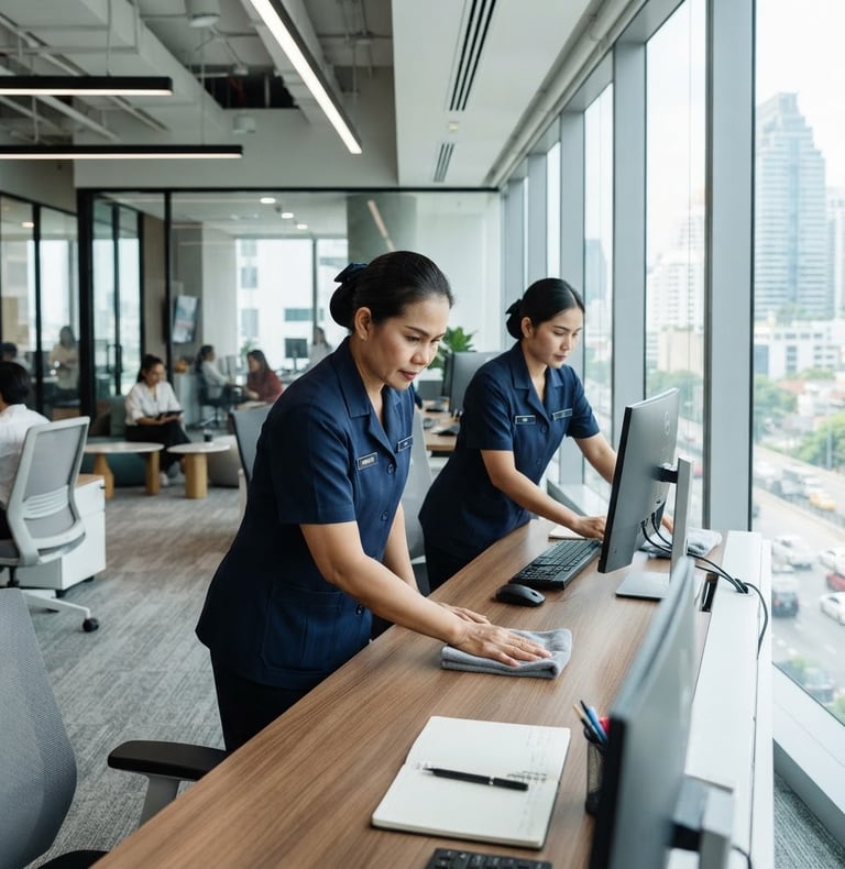 Professional Thai cleaning staff in modern office, wearing crisp uniforms, performing detailed cleaning with focus, bright natural daylight, crisp cool tones, sharp focus, professional architectural framing, image bleeding to the right edge.