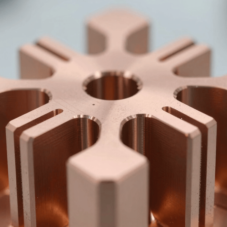 A close-up photograph of a precision-machined rose-gold metal structure, sharp edges and intricate geometry, representing sophisticated AI engineering in a North American / US lab.
