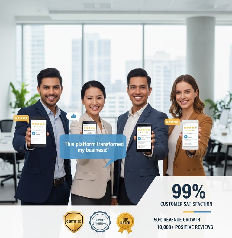 Happy diverse business owners and professionals holding devices showing 5-star reviews, positive cus