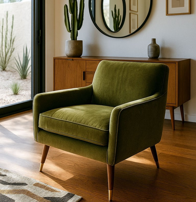 Olive green Mid-Century Modern chair with wood legs and styled rug