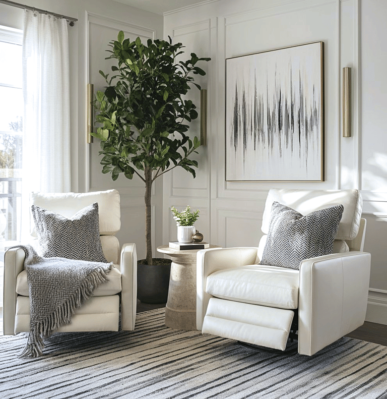 a living room with a large tree in the background