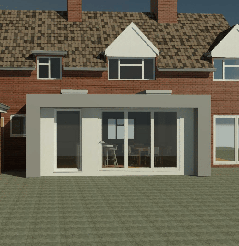 3D digital image of single story rear extension for terrace house