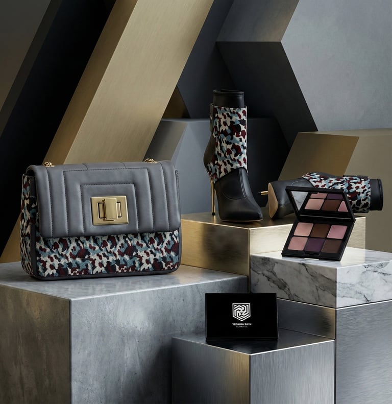 a woman's purse and a pair of boots with eyeshadow palette