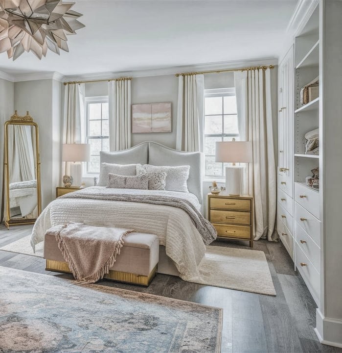 a bedroom with a large bed and a large mirror