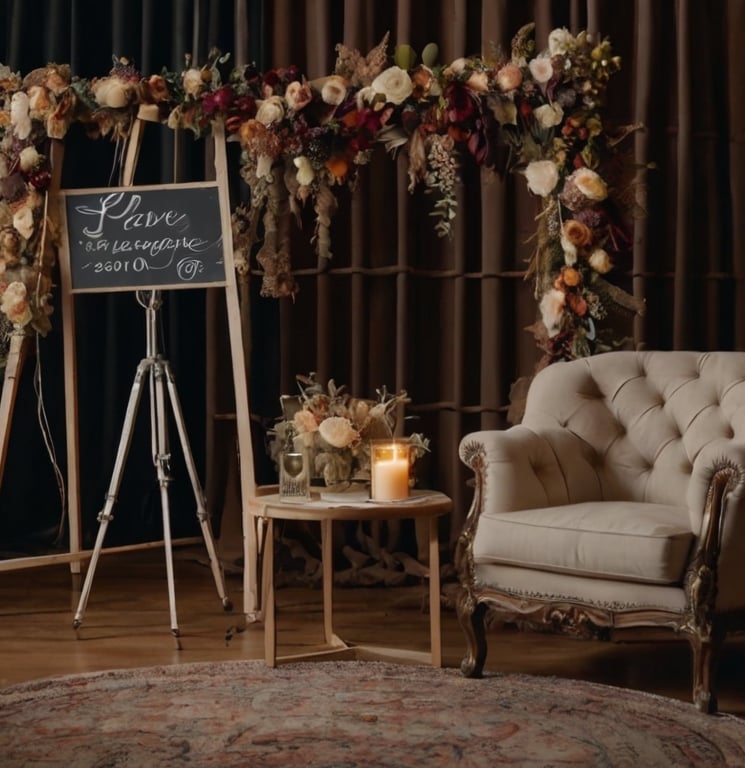 a chair with candles and candles on a wooden floor