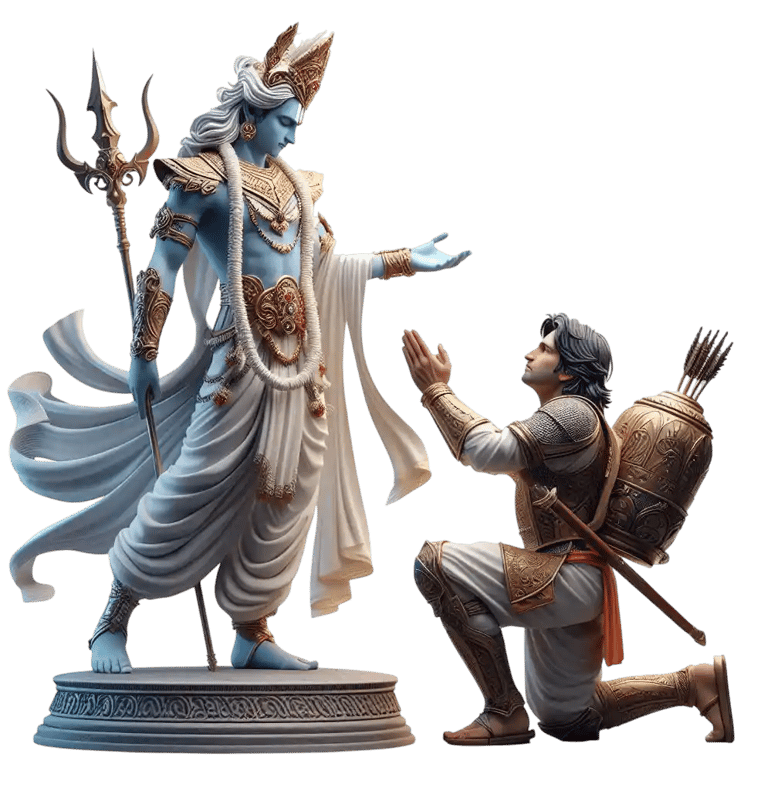 श्रीकृष्ण अर्जुन को दिव्य उपदेश देते हुए, अर्जुन समर्पण मुद्रा में