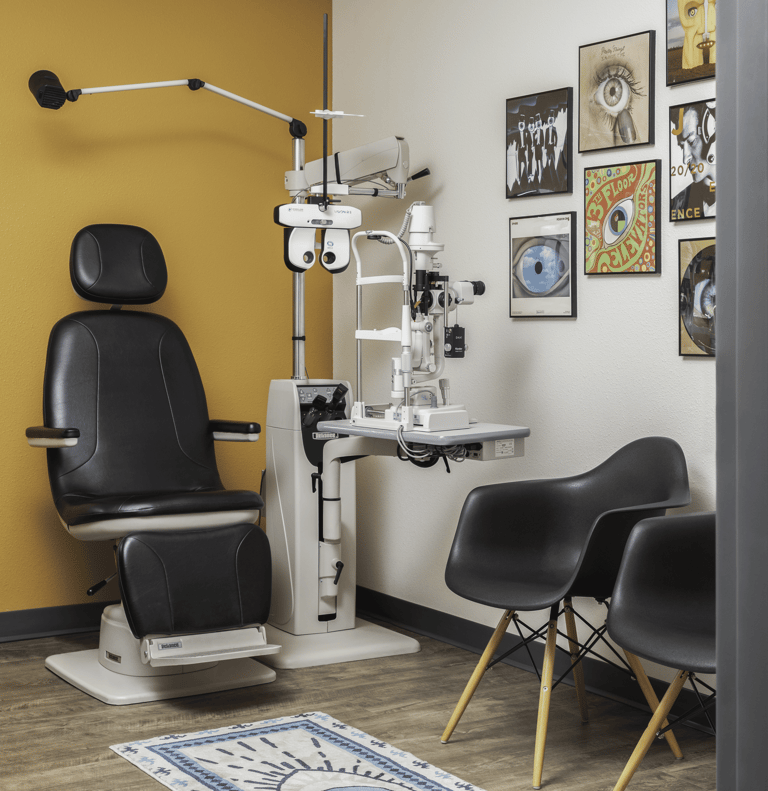 Interior of an eye exam room at Edge Optics Fort Collins location