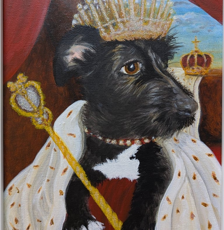 A humorous portrait of a black terrier mix wearing a crown in royal pose. Painted by Kathy LaFollett.