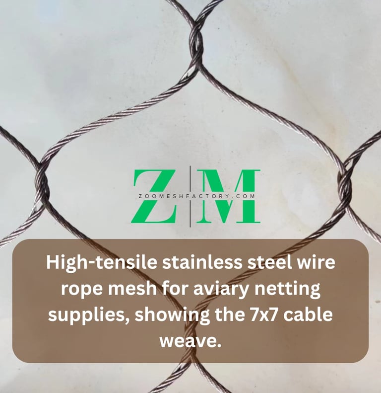 High-tensile stainless steel wire rope mesh for aviary netting supplies, showing the 7x7 cable weave.