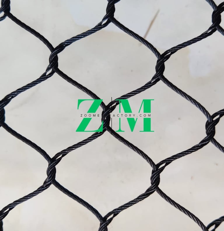 Durable black knotted stainelss s netting with a diamond mesh pattern for industrial and safety use.