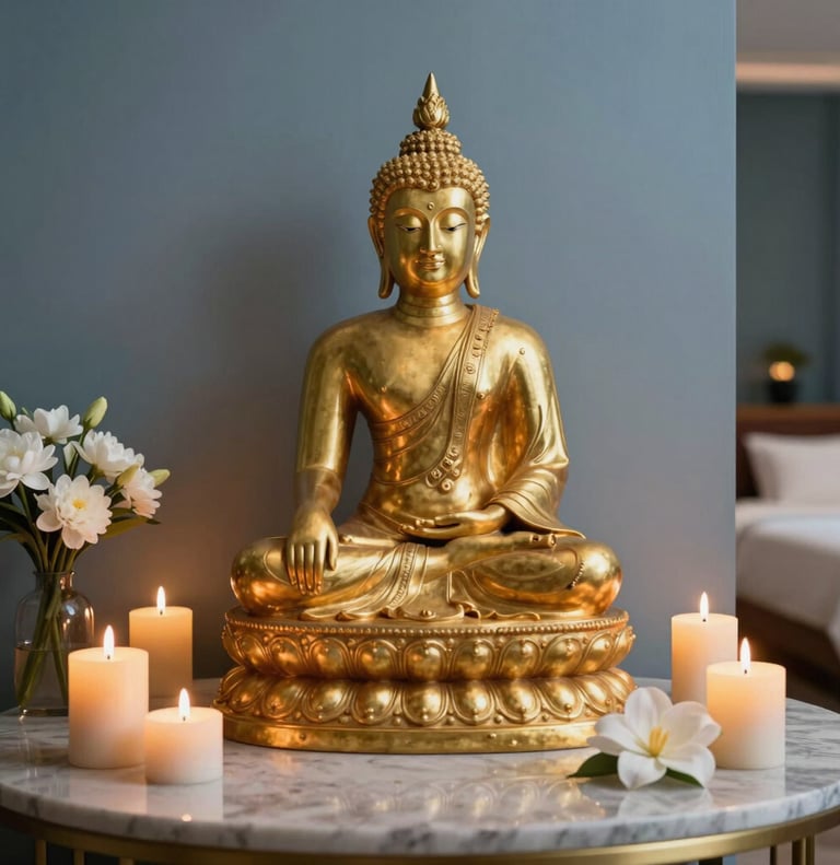 A serene photograph of a golden Buddha statue positioned among lit candles and delicate white flowers in a high-end spa lounge. The composition is balanced and tranquil, with soft slate blue and gold colors. Global / International Luxury.