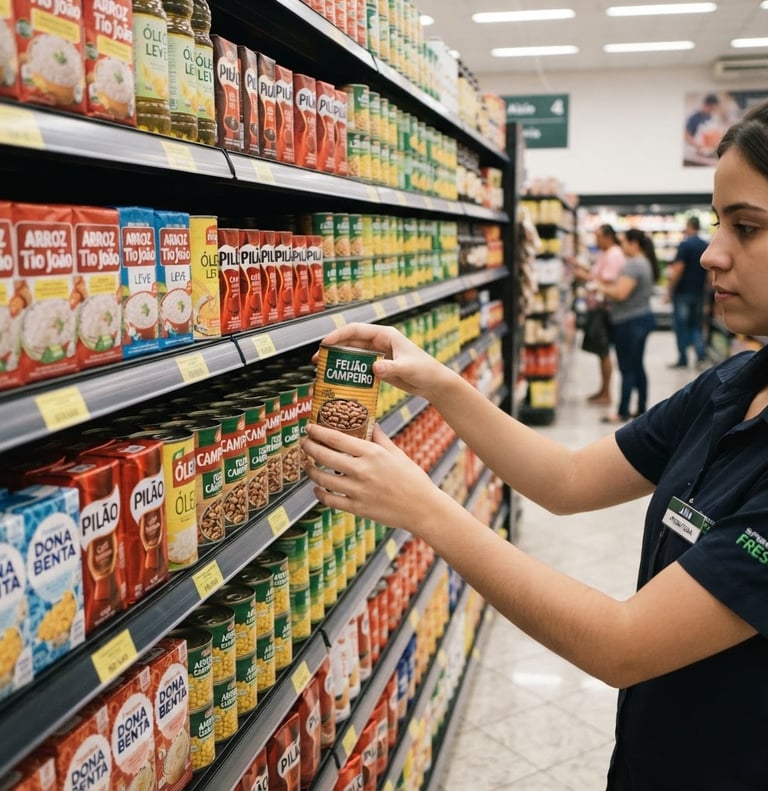 Promoter profissional uniformizado organizando gôndolas de supermercado, com produtos perfeitamente alinhados e estocados, sob iluminação ambiente de varejo, foco nítido, perspectiva de primeira pessoa.